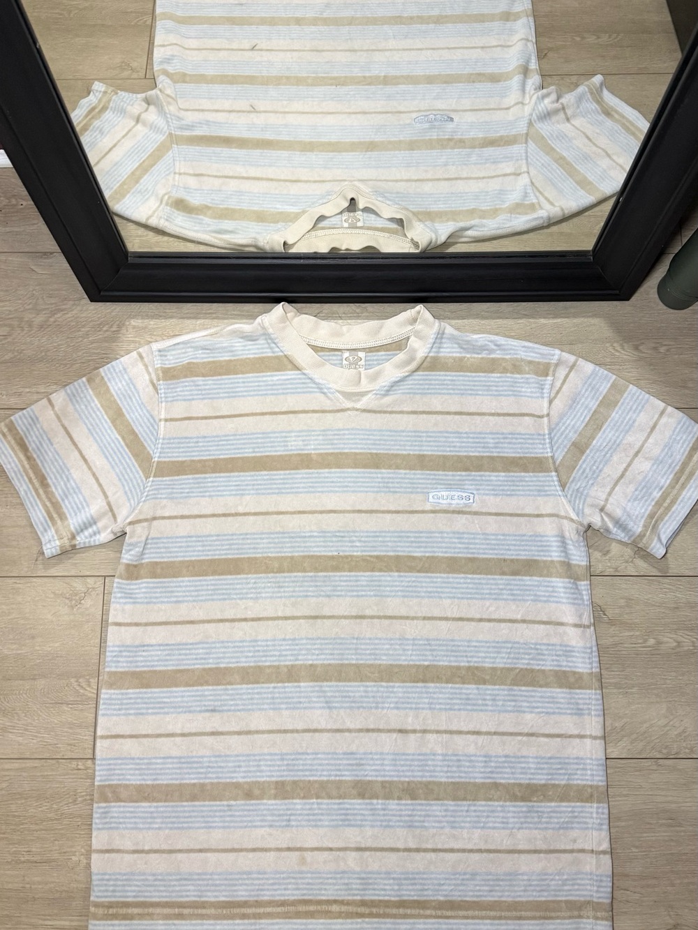 Vintage 1990s Guess Blue And White Striped Embroidered SpellOut Shirt - Picture 1 of 5